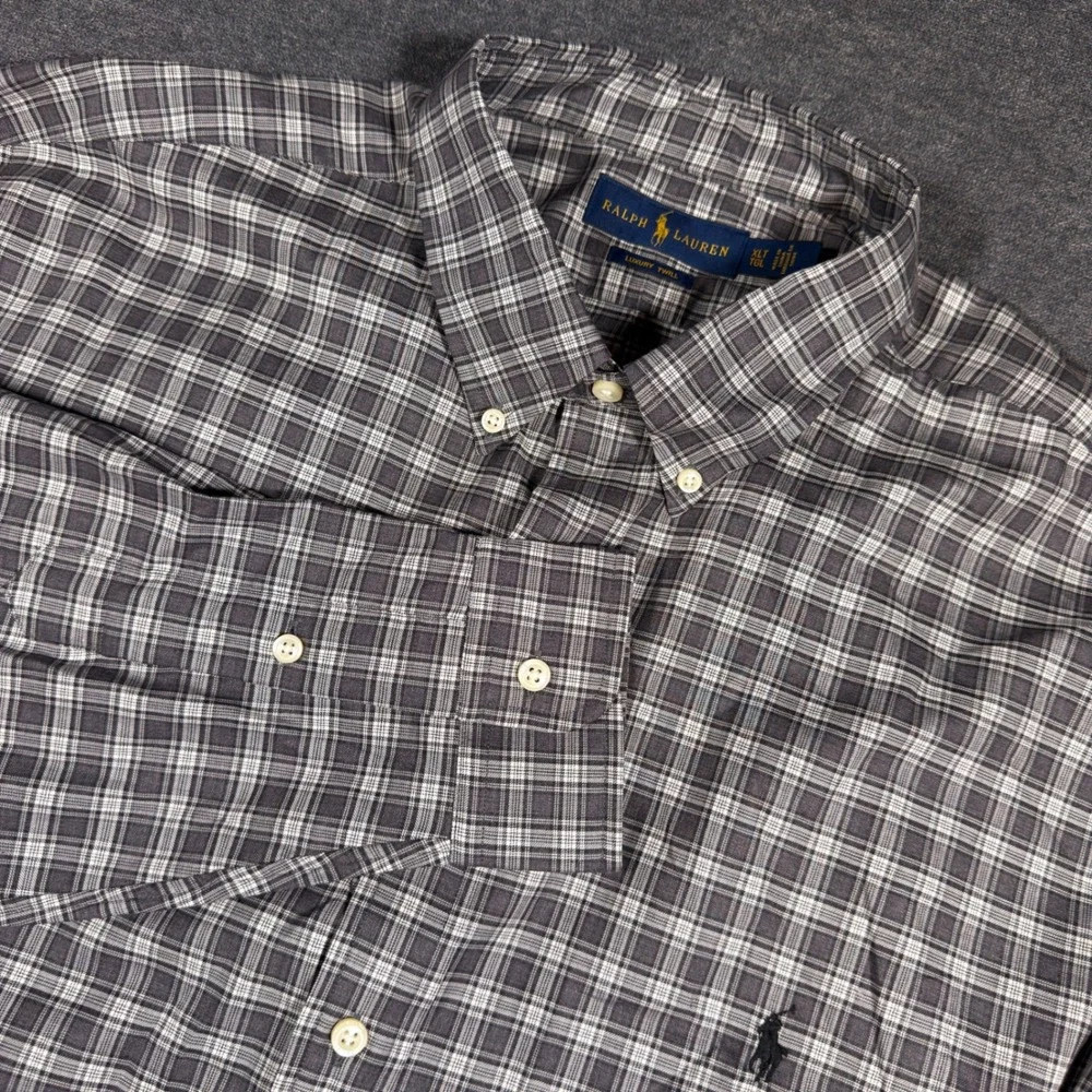 Ralph Lauren Button Down Shirt Mens XLT Gray Plaid Luxury Twill Long Sleeve